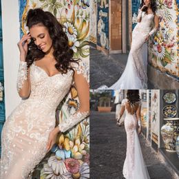 2020 Elegant Mermaid Wedding Dresses Tulle Appliques Rhinestone Wedding Gowns Sweep Train Long Sleeves Vestidos De Novia