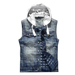 Ripped Jean Jacket Mens Denim Vest Jeans Waistcoat Men Cowboy Brand Sleeveless Jacket Male Tank Top Hooded Vest S-3XL