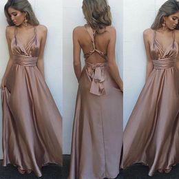 Sexy Halter Satin Prom Dresses Deep V Neck With Sash Party Gowns Open Back Long Women Dresses