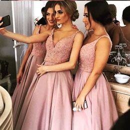 2020 Modern Pearls Beaded A-line Bridesmaid Dresses Pink Satin Long V-neck Open Back Draped Maid Of Honor Dress Bridal Wedding Party Gowns