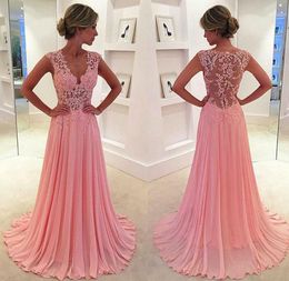 Setwell Deep V-neck A-line Evening Dress Sleeveless Sexy See Through Back Pleated Floor Length Lace Chiffon Prom Party Gown