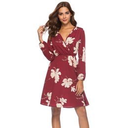 2020 Women Sexy Clothing Chiffon Print Dresses Sex Deep V Neck Long Sleeve Women Casual Floral Printed Elegant Woman Bloues Casual Clothing