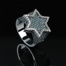 18k Gold White Gold Plated Mens Franklin Mint Green Iced Out Cz Cubic Zirconia Hexagonal Star Finger Ring Band Guys Hiphop Rapper Jewelry Rhodium Plated