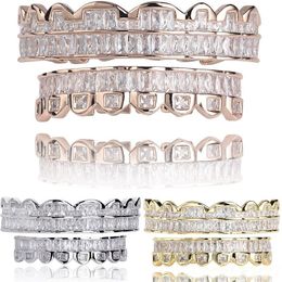 New Baguette Set Teeth Grillz Top & Bottom Rose Gold Silver Color Grills Dental Mouth Hip Hop Fashion Jewelry Rapper Jewelry