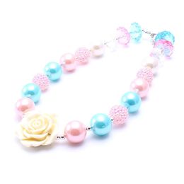 Cute sweet flower pendant girls necklace blue&pink pearl bubble gum beads strand child chunky necklace jewelry