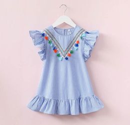 Summer Girls Tassel Flying Sleeve Dresses Stripe Cotton Cute Kids Party Dresses for Kids girls Princess Dress Tops Clothes GB274