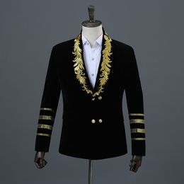 Men's Gold Embroidery Double Breasted Velvet Suit Jacket Brand New Shawl Collar Military Style Party Stage Blazer Masculino