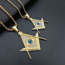 Hip Hop Gold Stainless Steel Freemason Masonic Pendant Blue Evil Eye Crystals Mason Masonry Necklace Pendant Jewellery For Men Women Couples