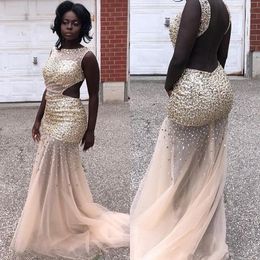 Nigeria Black Girls Sequins Mermaid Prom Dresses Cutaway Side Backless Evening Gowns Sheer Jewel Neck Dresses