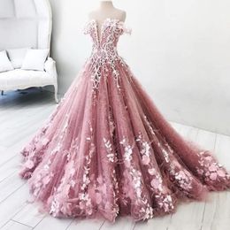 Princess Off The Shoulder Dusty Pink Evening Dresses 2020 Latest White Lace Appliuqed Puffy Tulle Long Prom Gowns
