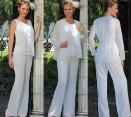 2019 New Elegant Mother Of The Bride 3 Piece Pant Suit Chiffon Beach Wedding Mother's Groom Gowns Cheap Sleeveless Mothers Formal Wear