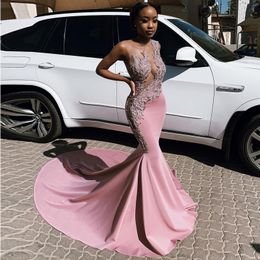Fabulous Pink Mermaid Prom Dresses Sheer Jewel Neck African Appliqued Evening Gowns Plus Size Sweep Train Satin Formal Dress 415