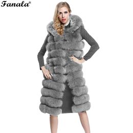 Wholesale-Front Hooded Women Open Sleeveless Faux Fur Waistcoat Vest Striped Long Coat