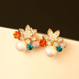 very beautiful fashion luxury designer Colourful crystal flower diamond zircon pearl super glittering stud earrings for woman silver pin