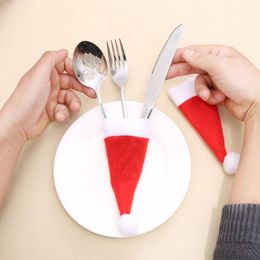Christmas Cutlery Holder Non-woven Red Hat Wine Bottle Cover Fork Knife Tableware Pocket Christmas Decoration Party Supply LX8623