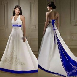 Sexy Backless A Line Wedding Dresses Royal Blue With Iovry Embroidery Country Wedding Dress 2020 Gothic Halter Sweep Train Satin Bridal Gown