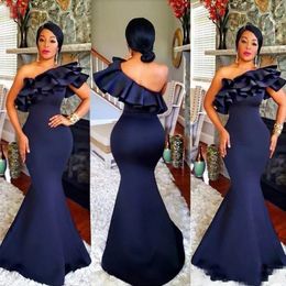 2019 New Sexy Navy Blue Mermaid Evening Dresses One Shoulder Ruffles Tiered Satin Sweep Train Plus Size Custom Made Cheap Prom Party Gowns