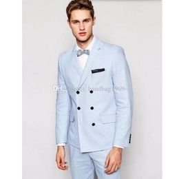 High Quality Double-Breasted Light Blue Groom Tuxedos Notch Lapel Groomsmen Mens Suits Wedding/Prom/Dinner Blazer (Jacket+Pants+Tie) K339