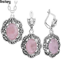 Vintage Pink Quartz Necklace Earring Jewellery Set Hollow Flower Natural Stone Antique Sliver Plated For Fashion Jewellery