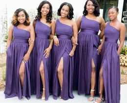 2019 African A Line Purple Bridesmaid Dresses One Shoulder Sexy High Side Split Wedding Party Dress Chiffon Maid of Honor Gowns Custom M61