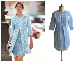 Setwell Real Pic Two Pieces Light Blue Mother Of Bride Dresses 3D Applique Lace 3/4 Long Sleeves Knee Length Sheath Short Wedding Guest Gown