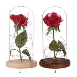 Eternal Life Flower Artificial Red Rose and LED Light with Fallen Petals in a Glass Dome on a Wooden Base Wedding Party Decor C18112601