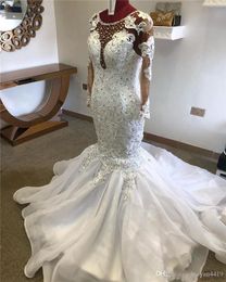 Prawdziwy obraz Suknie ślubne Syrenki Klejnot Neck Illusion Lace Aplikacje Kryształ Zroszony Długie Rękawy Sąd Pociąg Suknie Bridal Custom Made