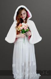 2020 Cheap High Quality Winter Hooded White Ivory Faux Fur Jacket Wedding Bridal Wraps Warmer Short Women Shawl Capes In Stock Custom Size