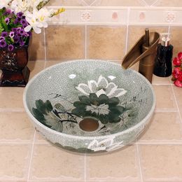 Crack Design China Painting Lotus Ceramic Painting Art Porcelain Bathroom Vessel Sinks Round above countertop wash basin