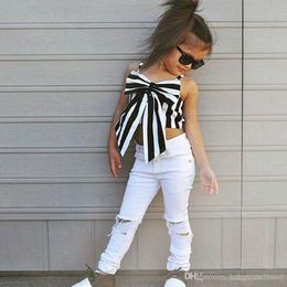 Summer 2018 Girls Set Striped Bow Ribbon Tops + White Hole Pants Two Piece Girls Outfits Children Clothing Sets Toddler Girls Clothes 2-7T