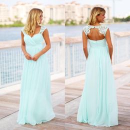 Mint Green Newest Boho Chiffon Bridesmaid Dresses Cap Sleeves Lace Applique Hollow Back Beach Wedding Guest Maid of Honour Gown Custom Made