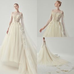 2020 Modest YL Jewel Hollow Long Sleeve Lace Up A Line Wedding Dresses With Wrap Lace Applique Pearls Wedding Gowns Sweep Train Bridal Gown