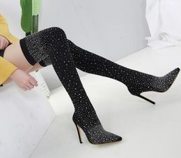 2018 Fashion Runway Crystal Stretch Fabric Sock Boots Pointy Toe Over-the-Knee Heel Thigh High Pointed Toe Woman Boot