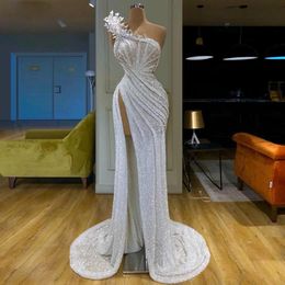 Long African Style Sparkly Prom Crystal One Shoulder Sexy High Split Evening Gowns With Pearls Women Dress Party Celebrity