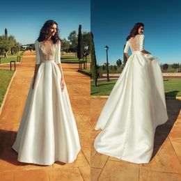 Elegant A Line Wedding Dresses Lace Appliques Jewel 1/2 Long Sleeve Wedding Gown Custom Made Sweep Train Satin Garden Robes De Mariée