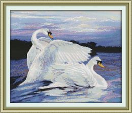 Two swans in the lake decor paintings ,Handmade Cross Stitch Craft Tools Embroidery Needlework sets counted print on canvas DMC 14CT /11CT