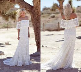 Simple Full Lace Country Boho Wedding Dresses Off The Shoulder Sweep Train Short Sleeves Cheap 2019 Beach Bohemian Bridal Gowns Plus Size