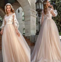 Champagne A-line Romantic Dresses Sheer Neck Long Sleeves Lace Applique Bohomian Wedding Dress Bridal Gowns Vestido De Novia