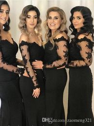 New Arrival Elegant Black Long Sleeves Mermaid Bridesmaid Dresses Lace Applique High Side Split Wedding Guest Dress Maid of Honour Gowns