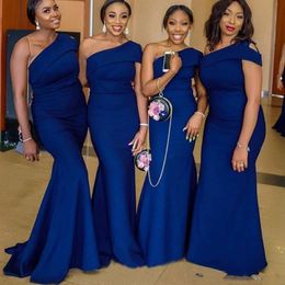 Royal Blue One Shoulder Mermaid Bridesmaid Dresses Sweep Train Simple African Country Wedding Guest Gowns Maid Of Honor Bridal Dress