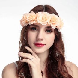 Women Boho Elastic Flower Headband Wedding Flower Crown Rose Wreath Bridesmaid Garland Elastique Cheveux Bride Hair Accessories