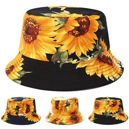 Double-sided Wear Summer Cap Fishing Hats Printing Sunflower outdoor travel hats Sunflower Floral Bucket Sun Hat