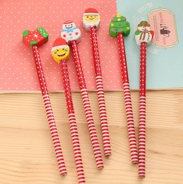 Wooden Pencil Rubber Merry Christmas Gift for Kids Santa Tree Deer Pencils Office School Supplies