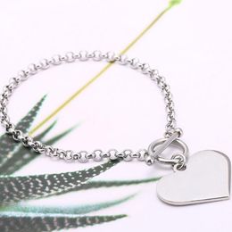 Stainless Steel Trendy Silver Bead chain Bangle Heart Shape Charm Chain Bracelet Flat back Engravable For Women For Teens