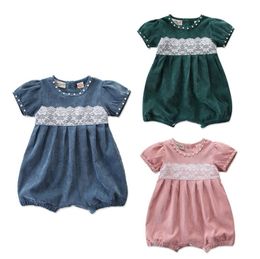 Brand Kids Clothes Lace Pearl Baby Girls Rompers Short Sleeve Newborn Jumpsuits Toddler Girls Clothing 3 Colors Optional DHW2437