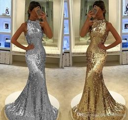 2019 Arabic Dubai Mermaid Evening Dress Silver Gold Sequins Celebrity Formal Holiday Wear Prom Party Gown Custom Made Plus Size