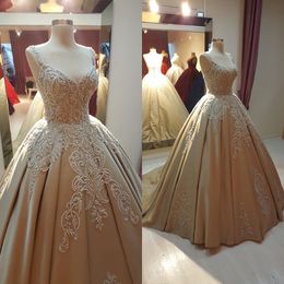 Gold Lace Beaded Quinceanera Prom Dresses Spaghetti Satin Ball Gown Evening Party Sweet 16 Dress ZJ194