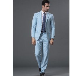 Fashion Light Blue Groom Tuxedos Notch Lapel Groomsmen Wedding Tuxedos Popular Men Formal Blazer Prom Jacket Suit(Jacket+Pants+Tie) 1593