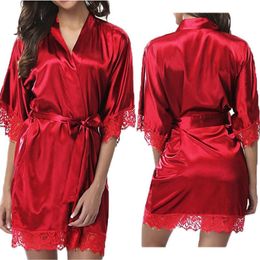 Sexig underkläder plus storlek satin spets kimono sleepwear robe damer sexig bälte silke natt klänning nighties v-nack nightgown