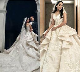 floral wedding dresses luxury jewel sleeveless lace appliqued bridal gown ruched tired cathedral train custom made robes de marie